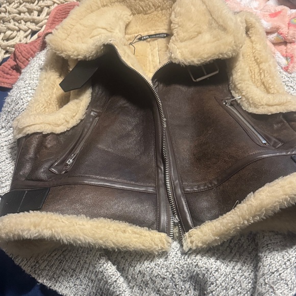 Zara Dark Brown Leather Vest with Cream Shearling - Picture 3 of 7